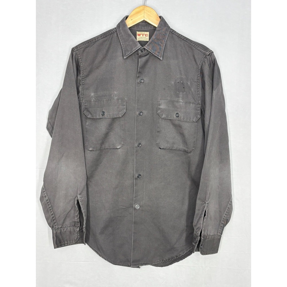 WT Grant WTG Gray Button Up Work Shirt Mens‎ Gray Flap Pockets Vintage Utility